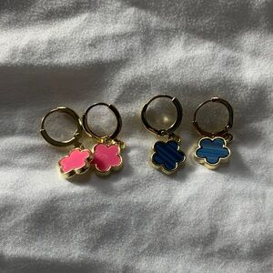 Gold  Hoop Earrings with Pink and Blue Clover Charms